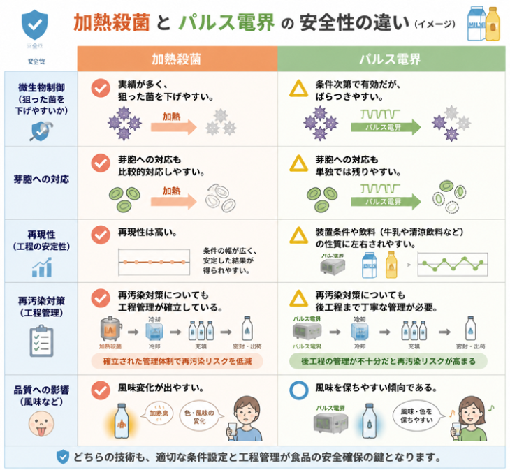 図２．加熱殺菌とパルス電界の安全性比較