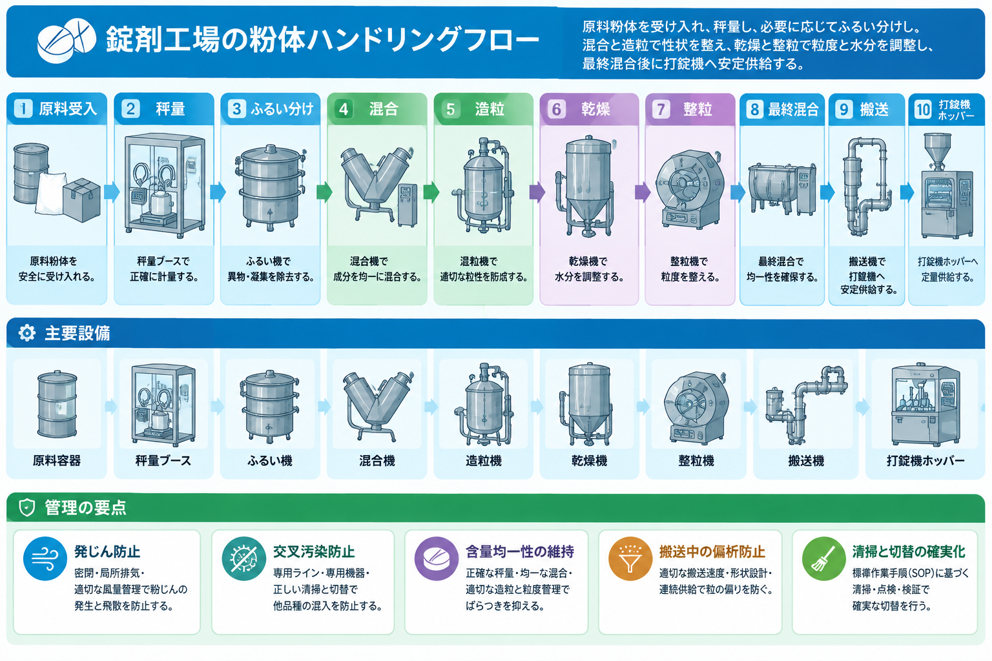 図２．錠剤工場の粉体ハンドリングイメージ図