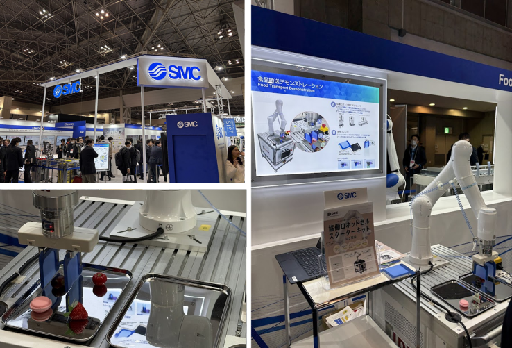 写真3 - 1. 「弾性（ゴムシート）フィンガー」による食品搬送デモンストレーシヨン